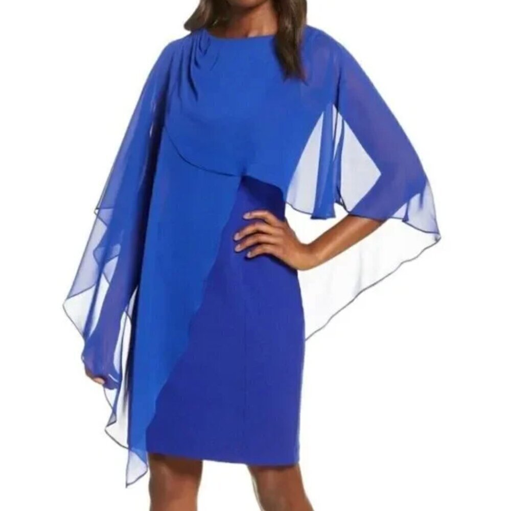 Eliza J Chiffon Cape Draped Sleeveless Blue 4 Sheath‎ Evening Dress - Picture 2 of 10